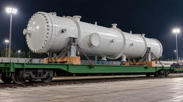 Large industrial tank transported on a flatbed railcar at night