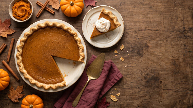 A slice of halloween pumpkin pie with cream served in a flat lay