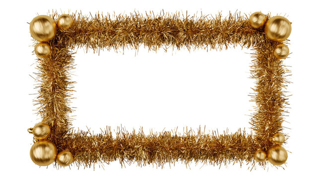 Christmas gold tinsel frame isolated on transparent background