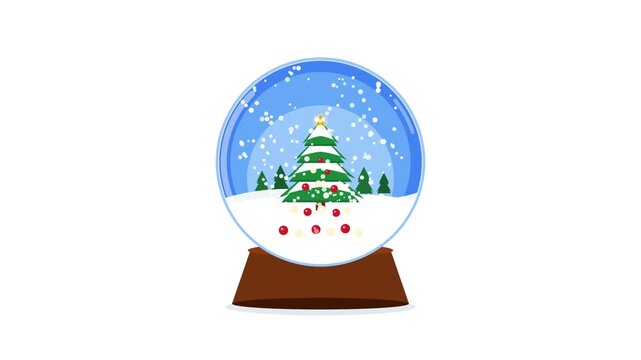 Christmas snow globe animation with falling snow and pine tree