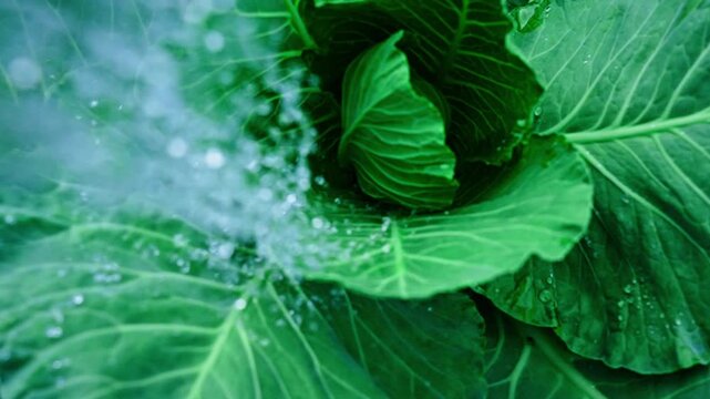 Vibrant green cabbage leaves glisten with dew. Water sprays gently, refreshing each leaf. Close-up details show texture and freshness. Ideal for health, organic, or farm visuals