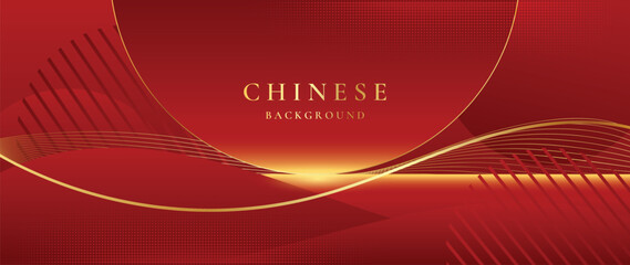 Naklejka na ściany i meble Dark Ruby Chinese Festive Vector Background with Elegant Gold Wave Trails and Refined Abstract Architectural Lines