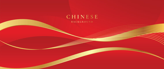 Naklejka na ściany i meble Chinese Celebration Vector Background with Bold Golden Silk Waves Across Deep Scarlet Gradient and Subtle Fine Lines