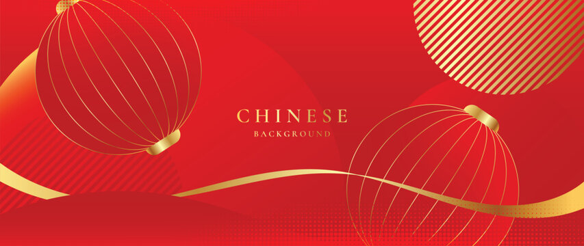 Chinese New Year Red Vector Background with Two Outlined Golden Lanterns and Flowing Metallic Ribbon Accents