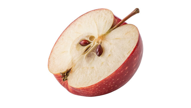 Fresh ripe red apple fruit half with seeds visible, isolated on transparent background.