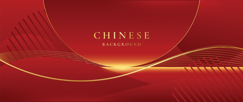 Dark Ruby Chinese Festive Vector Background with Elegant Gold Wave Trails and Refined Abstract Architectural Lines
