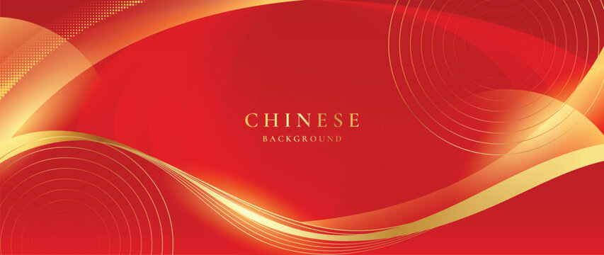 Festive Chinese Red Vector Background with Flowing Golden Ribbons Fine Circular Lines and Smooth Decorative Curves