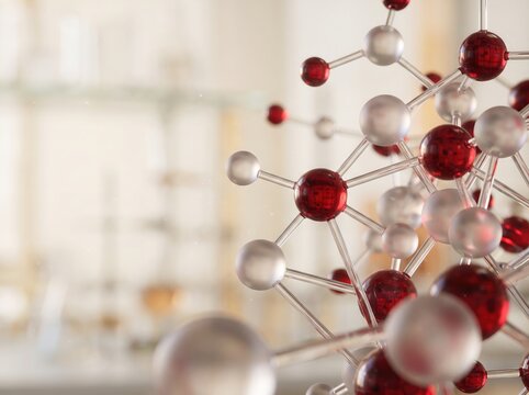Molecular structure model with blurred laboratory background representing scientific research
