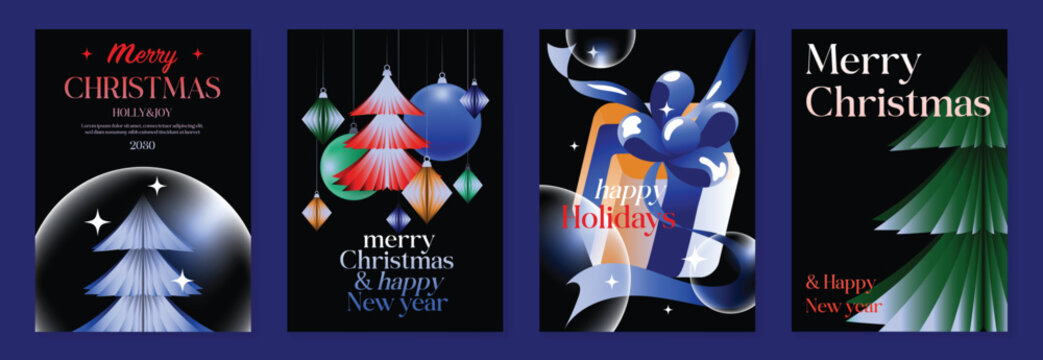 Modern Christmas Vector Poster Collection Featuring Elegant Dark Holiday Cards Decorated with Trees Baubles and Wrapped Gift