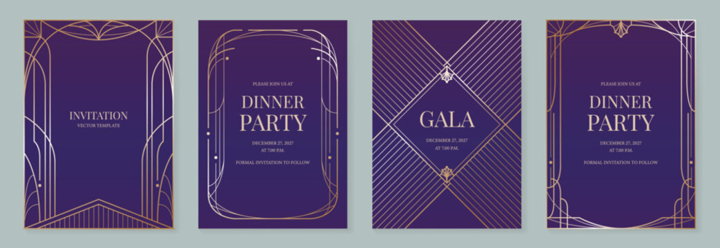 Purple Gold Art Deco Vector Invitation Card Set with Ornamental Linear Borders for Glamorous Gala and Dinner Party Events