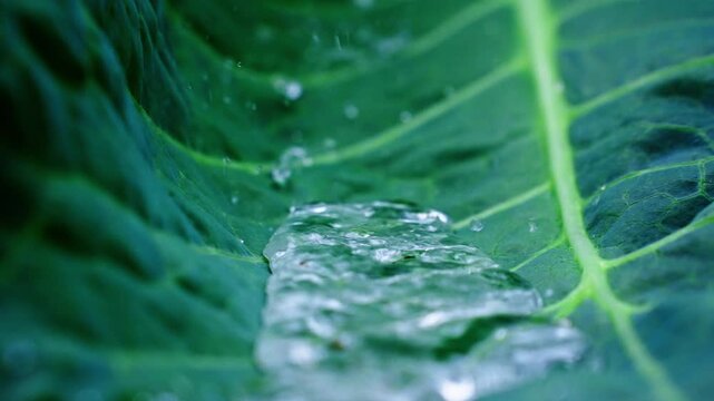 Crystal droplets rest on vibrant green leaf. Leaf veins stand out in soft focus background. Water beads glisten under gentle light. Nature's quiet beauty captured in macro detail