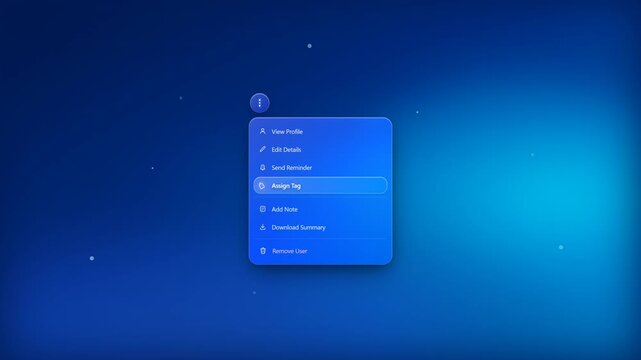 User interface dropdown menu with profile settings options on futuristic blue technology background, software dashboard UI design.