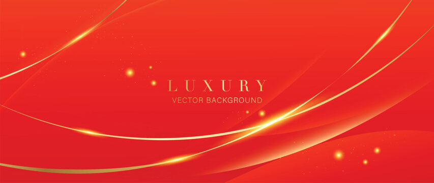 Luxury Chinese Red Vector Background with Luminous Gold Swooshes Floating Sparkles and Dynamic Smooth Ribbon Layers