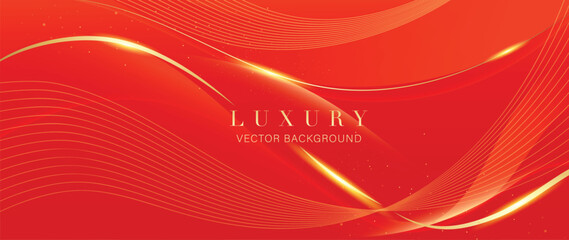 Naklejka premium Luxury Red Gold Vector Background with Sweeping Metallic Ribbon Waves and Delicate Curved Lines for Festive Chinese Celebrations