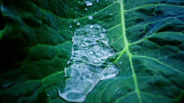 Clear droplet rests on vibrant green leaf. Leaf veins glow softly beneath dewy surface. Nature's quiet beauty captured in crisp detail. Ideal for botanical, environmental, or wellness projects