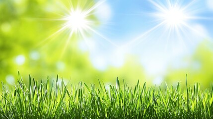Fototapeta premium Bright Green Grass Field in Summer Spring Sunlight on Bokeh Background Scenic Spring Nature View