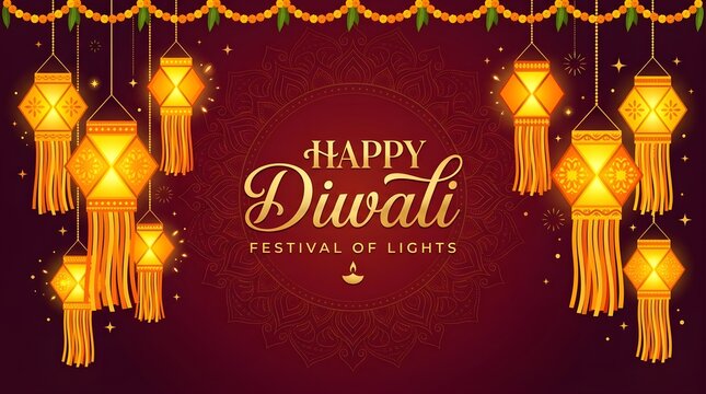 Happy diwali festival of lights greeting card with glowing hanging