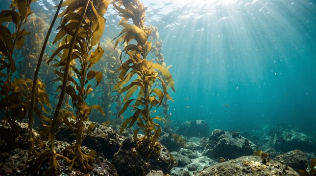 Underwater kelp forest with sunlight beams, marine ecosystem and ocean restoration concept