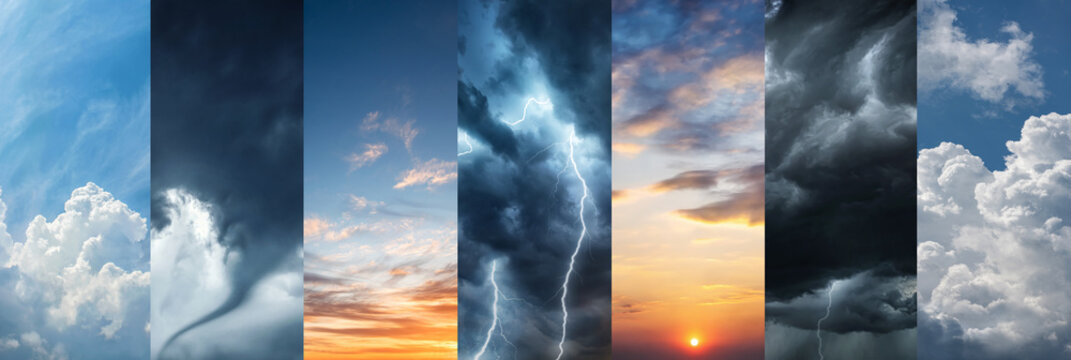 Weather forecast concept featuring a collage of contrasting atmospheric conditions, including sunset clouds, dark storm clouds, lightning.