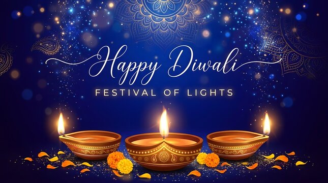 Happy Diwali festival of lights greeting card with glowing oil lamps