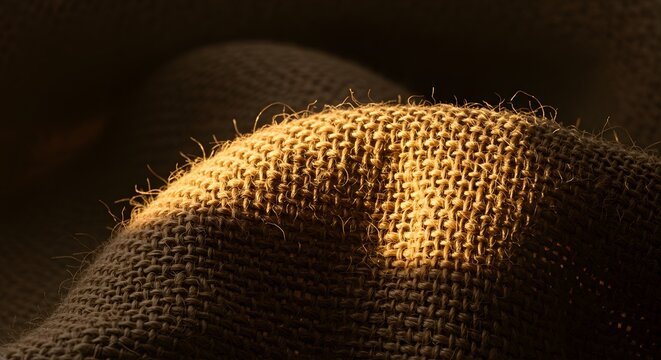 Close-up of woven jute fabric texture with natural light material background close-up