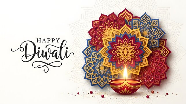 Happy diwali greeting card with traditional oil lamp and colorful