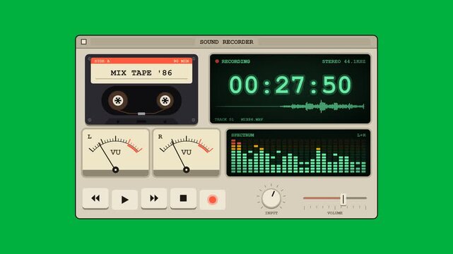 Retro Sound Recorder Interface with Cassette Tape Labelled Mix Tape 86 and Digital Timer on Green Screen Background Showing Moving Audio Recording Levels and Dynamic Spectrum Analyzer Bars
