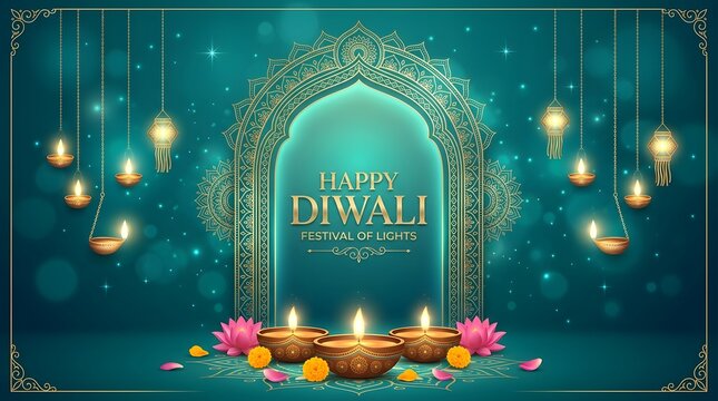 Happy diwali festival of lights greeting card with glowing oil lamps
