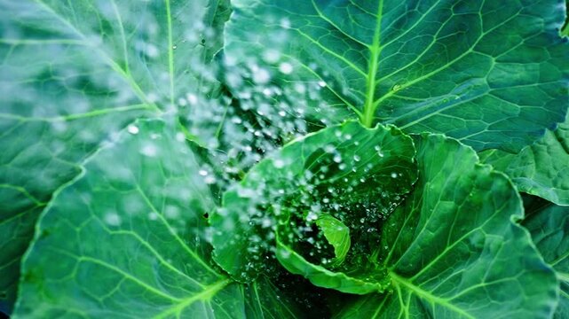 Water droplets splash onto vibrant green cabbage leaves. Gentle spray refreshes the plant's lush foliage. Natural motion highlights freshness and vitality. Ideal for health, agriculture