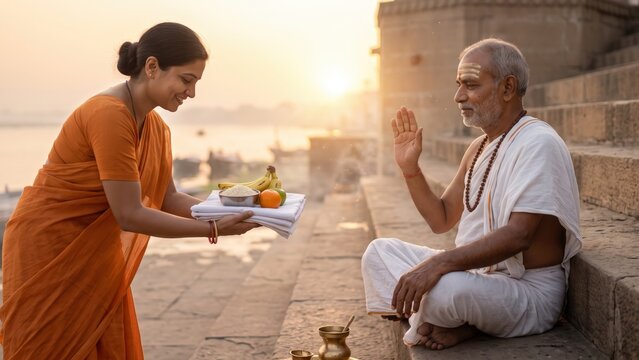  Indian Woman Offering Food and Cloth to a Priest &ndash; Hindu Daan Ritual.