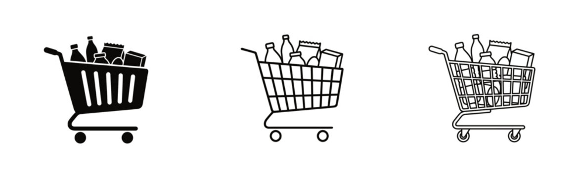 Supermarket shopping cart icon set with grocery items