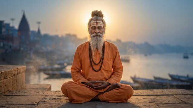 Hindu Sadhu Meditating at Sunrise &ndash; Golden Halo on Varanasi Ghat.
