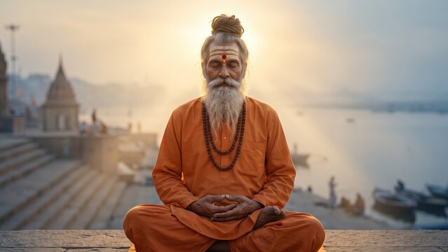 Hindu Sadhu Meditating at Sunrise &ndash; Golden Halo on Varanasi Ghat.
