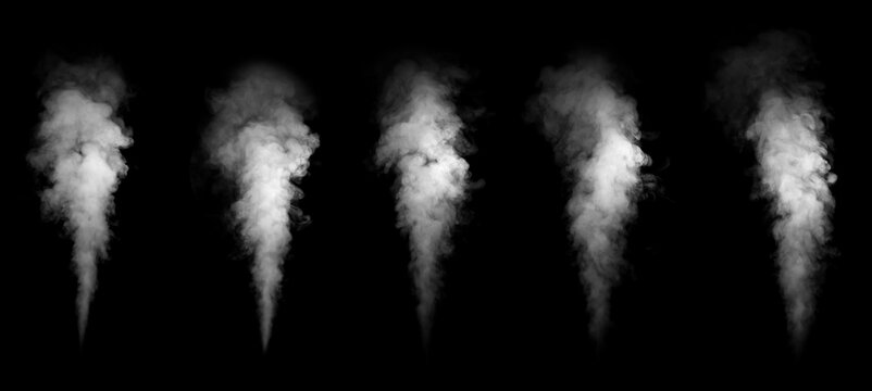 Set of vertical white steam or smoke plumes rising and scattering on a black background. Concept of abstract vapor textures, dramatic visual overlay elements, and atmospheric effects.