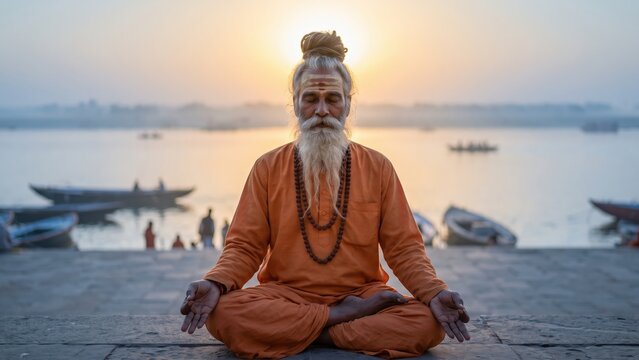 Hindu Sadhu Meditating at Sunrise &ndash; Golden Halo on Varanasi Ghat.
