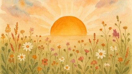 Fototapeta premium Watercolor sunrise over floral meadow.