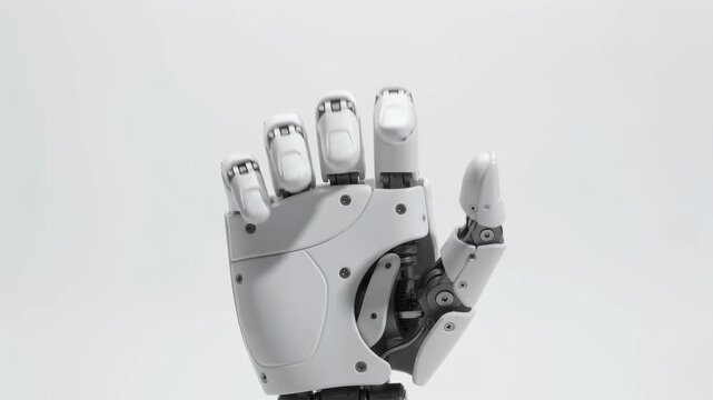 A white robotic prosthetic hand slowly opens and closes in a studio on a clean white background