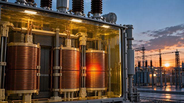 Power transformer with copper coils, oil insulation, and sunset background creates stunning industrial scene
