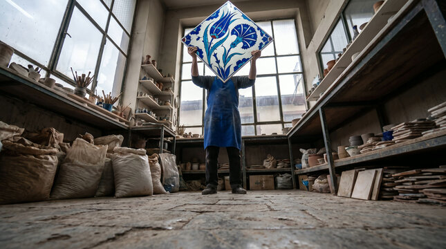 Ceramic Artist Holds Up Large Decorative Tile Above Head in Workshop