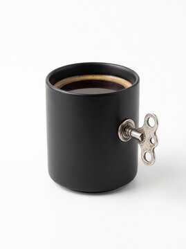 Matte black coffee mug with metallic wind-up key on side, corporate burnout and workforce productivity pressure concept on white background