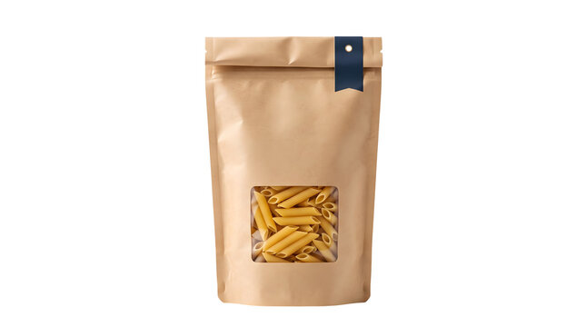 Kraft Paper Pasta Packaging Pouch with Clear Window and Green Badge on Transparent Background Studio Shot