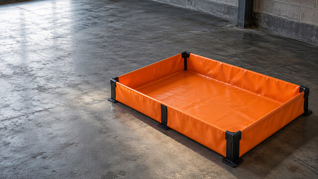 Orange rectangular spill containment berm on concrete floor