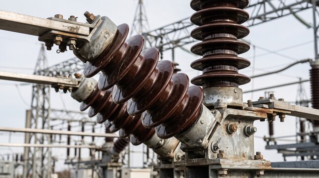 Electrical porcelain insulators at a high voltage power substation.