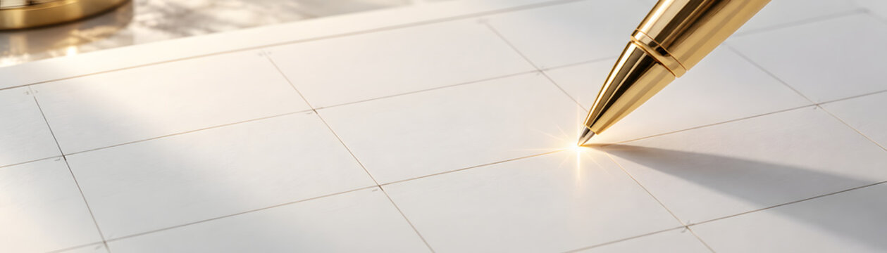 Gold pen rests on blank planner page, ready for important notes and plans, symbolizing organization and creativity
