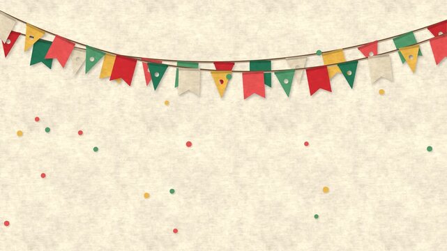 Red, green and gold paper bunting garlands swaying on strings across the top of cream paper, festive Christmas banner with copy space, seamless loop