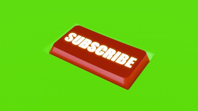 3D animation of red glowing subscribe button being pressed on green screen chroma key background. Channel membership notification concept loop.