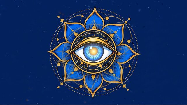Modern vector illustration of blue human eye centered inside intricate blue and gold lotus mandala pattern with sacred geometry accents for spiritual meditation concept.