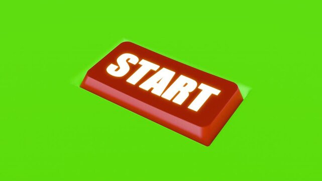 3D animation of red glowing start button being pressed on green screen chroma key background. Launch beginning game activation concept loop.