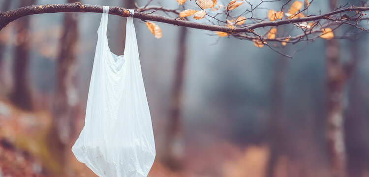 Plastic shopping bag caught on a bare tree branch, littering a hazy woodland scene and highlighting nature's destruction