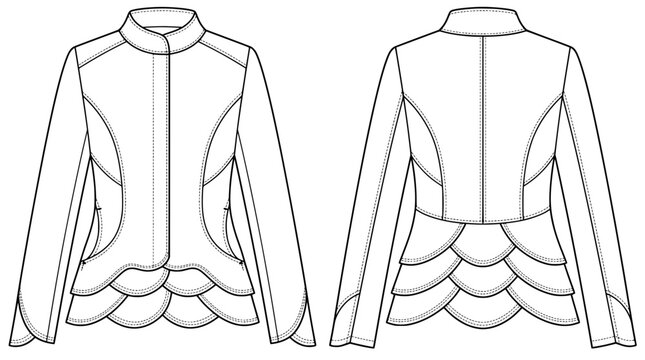 flat vector technical drawing of women origami winter jacket
